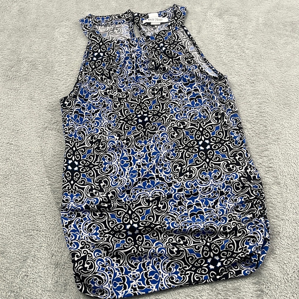 White House Black Market XS Blue Black Sleeveless Ruched Top